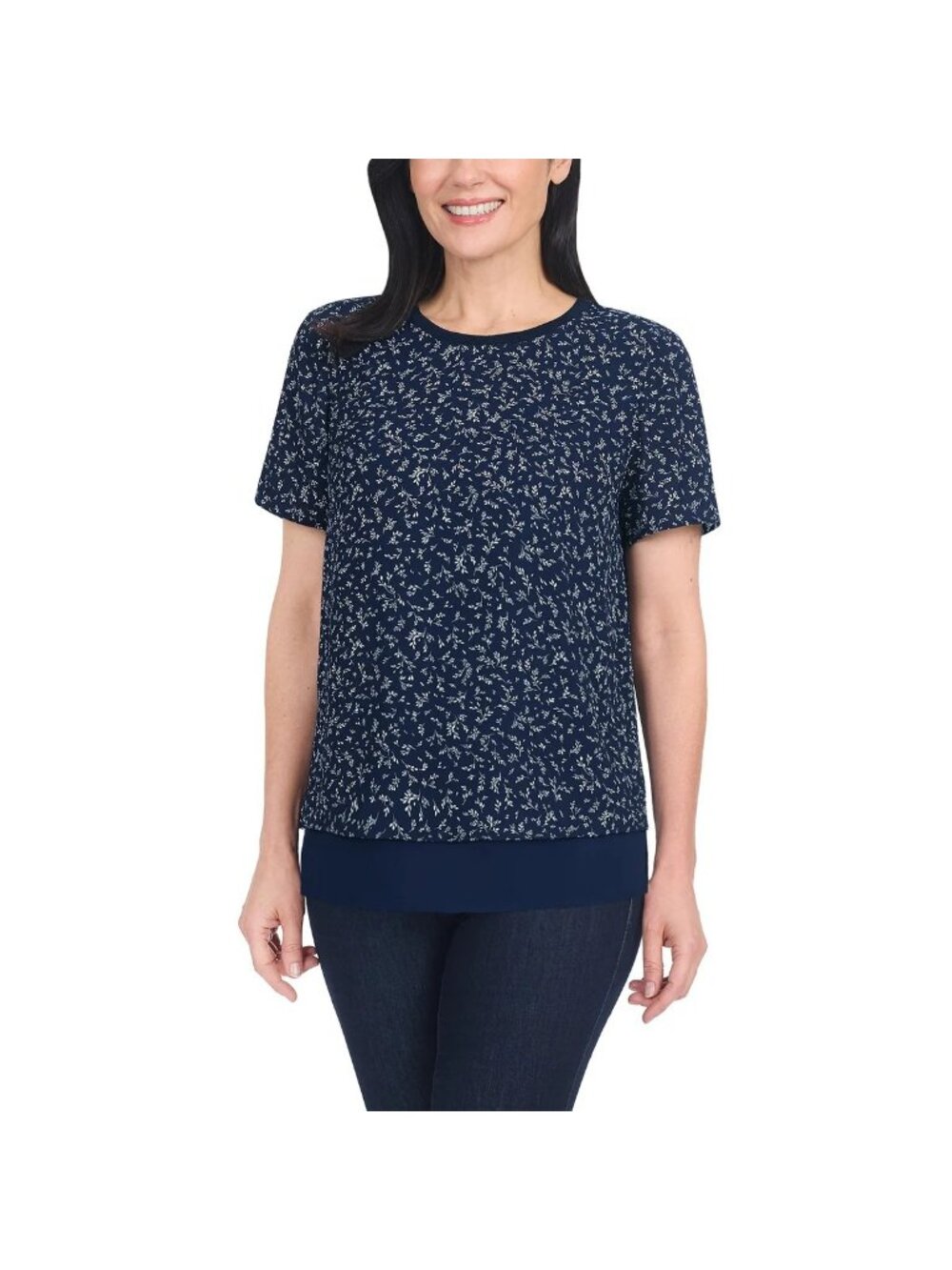 Navy Floral Print Short Sleeve Womens Blouse With Layered Hem - XL